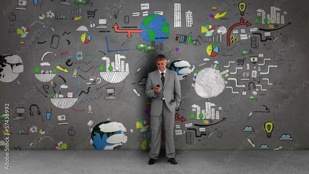 Poster businessman standing in front of animated business flowcharts