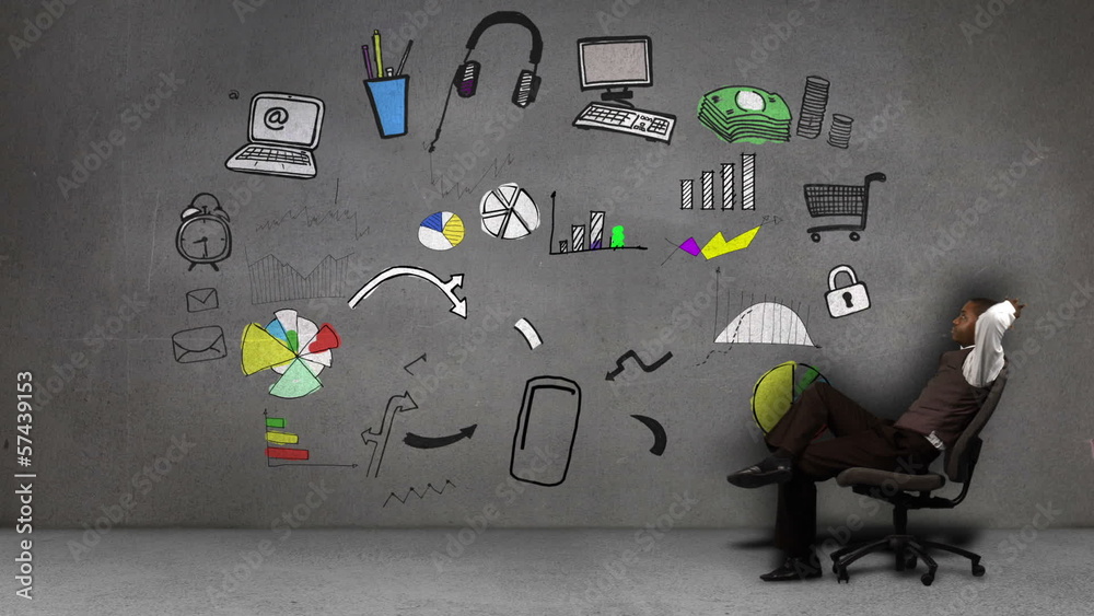 Poster businessman sitting in front of animation of consumer behavior