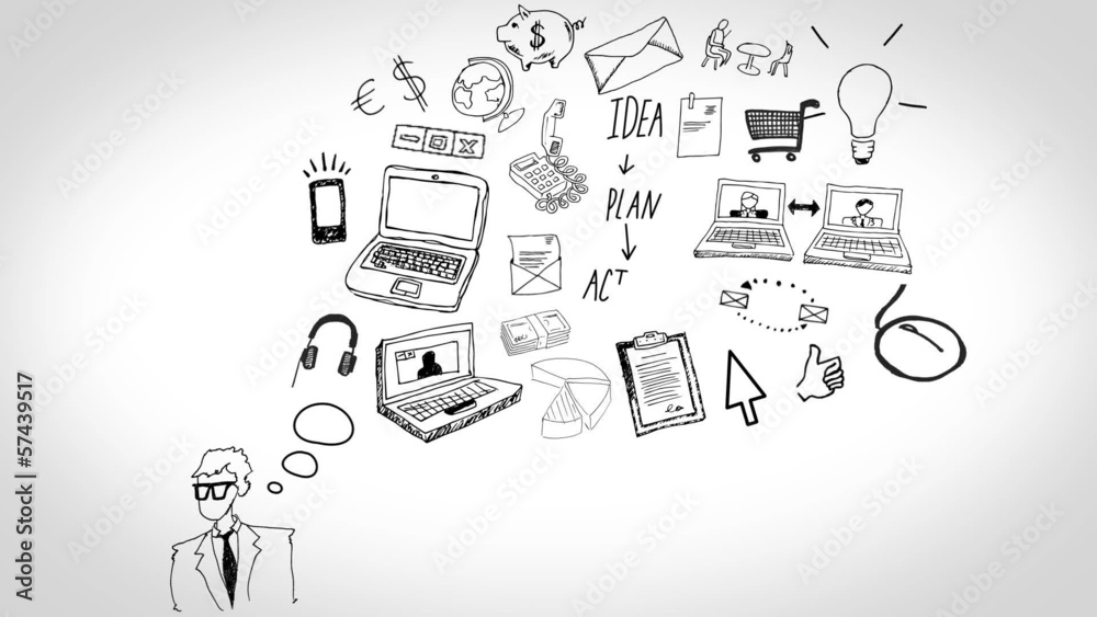Poster black white animation of man having idea and developing plan