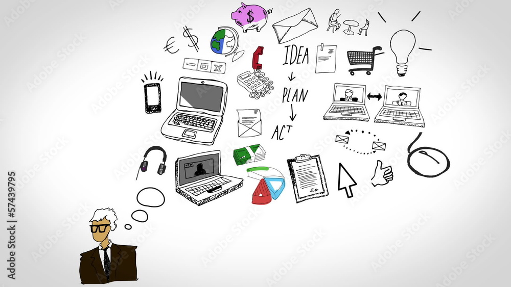 Poster Colored animation of man having idea and developing plan