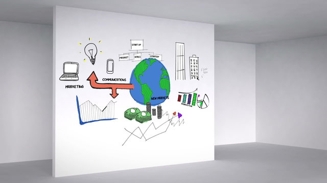 Colored animation showing business plan in 3d room
