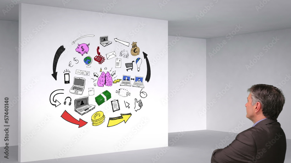 Poster Colored animation showing 3d room and brain having ideas