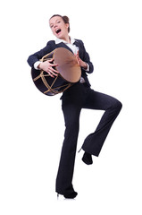 Funny businesswoman with drum isolated on white