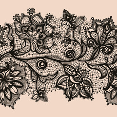 Abstract lace ribbon seamless pattern with elements flowers