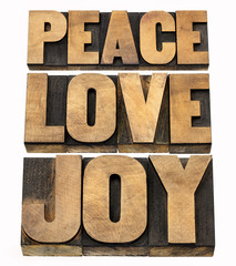 peace, love and joy in wood type