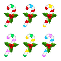 Colourful candy canes with holly berry