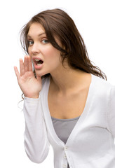 Portrait of whispering lady, isolated on white