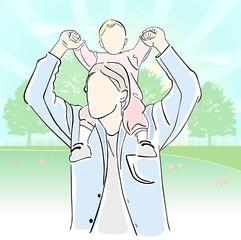 Father carrying daughter. Happy family. Parenthood