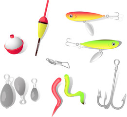 Fishing tackle: hook, sinker, bobbler, bait, float © aleutie