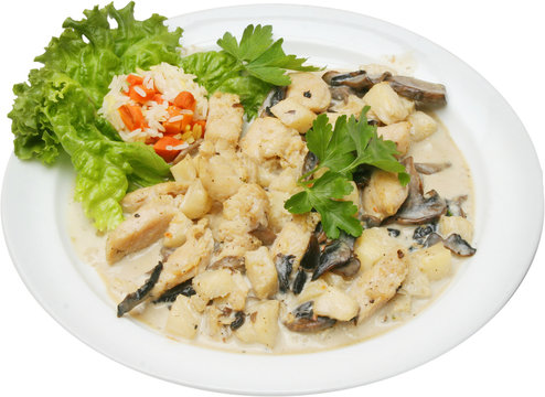 Exotic chicken with rice and mushrooms sauce