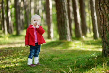 Adorable girl hiking in the forest on autumn day