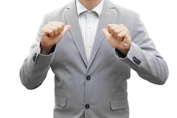 businessman points to himself with both thumbs