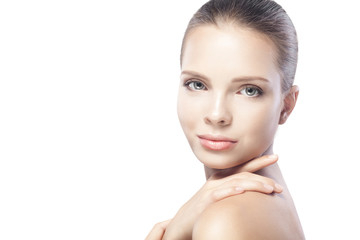 Obraz premium portrait of beautiful young woman with clean skin isolated on wh