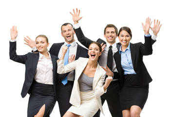 Group of happy managers with hands up, isolated