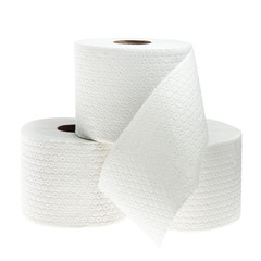 Three rolls of white perforated toilet paper isolated on white