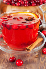 Hot mulled wine with cranberries and orange