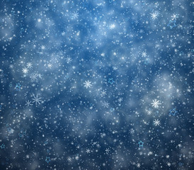 Frosty winter background, falling snowflakes and stars