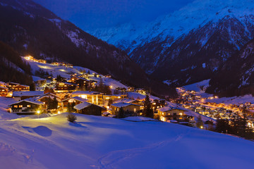 Mountains ski resort Solden Austria at sunset