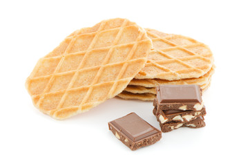 Pile of sweet waffles and chocolate parts