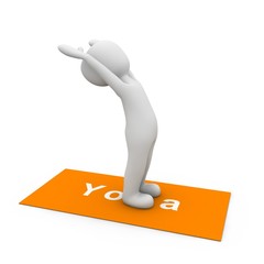 The character doing yoga exercises on an orange mat.