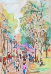 Papier Peint photo Lavable Café de rue dessiné Célébration dans le parc de la ville