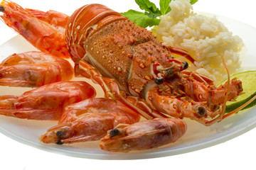 Spiny lobster, shrimps and rice