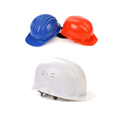 Blue white red hard hats