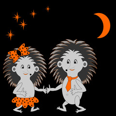 A couple of funny cartoon hedgehogs dating in the night