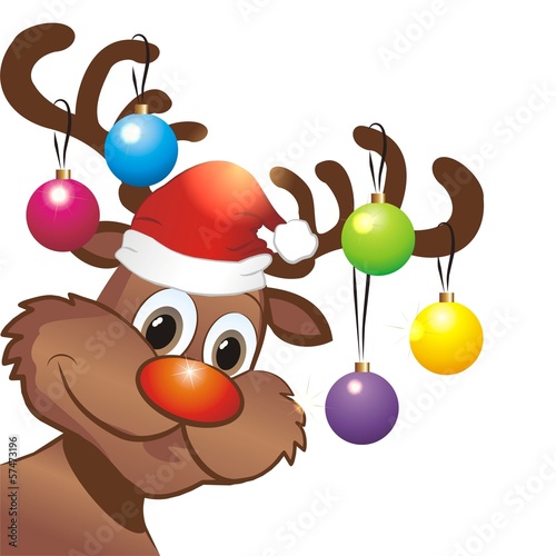 "rentier rudolph mit weihnachtsmütze und christbaumkugeln