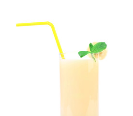 Banana juice in a glass. Close up.