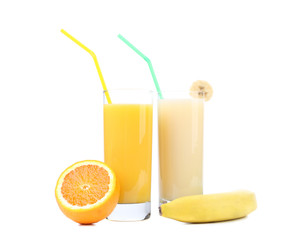 Juices of orange and banana. Fruits.