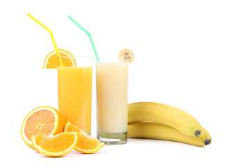 Juices of orange and banana. Fruits.