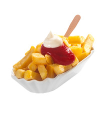 Dish of French fries, ketchup and mayonnaise