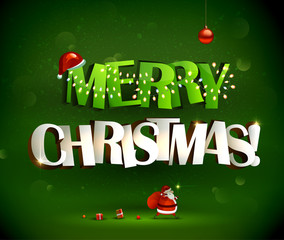 Merry Christmas inscription and Santa Claus with gifts