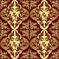 Golden seamless floral Pattern on a dark red background.