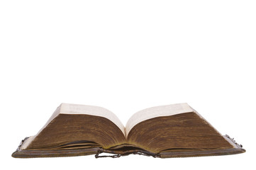 Opened old book isolated on white