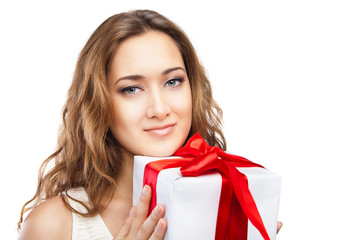 Beautiful Christmas woman with present isolated