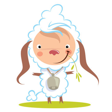Baby funny cartoon sheep with a big bell graze grass