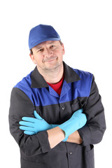 Working man smiling.