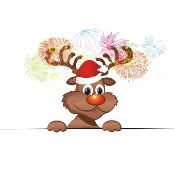 Rudolph mit Feuerwerk und Weihnachtsmütze