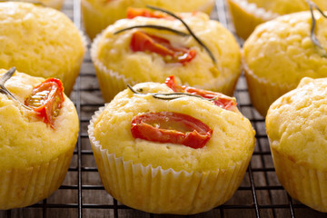 Savory muffins with corn flour, tomatoes and rosemary