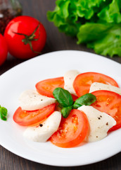 Tomato and mozzarella with basil leaves