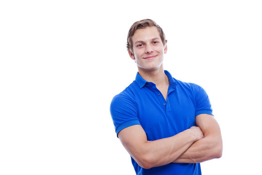 Portrait of a young handsome man wearing blue t-short isolated o