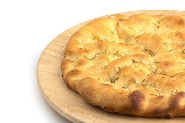 focaccia in a wooden plate on white  background