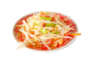 Green papaya salad Thai Food on white background.