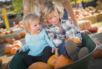 Fototapeta premium Young Kids Enjoy a Day at the Pumpkin Patch