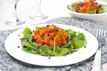 salad with arugula, black lentils and vegetable stew, horizontal