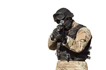Special Forces soldier, with assault rifle, isolated on white
