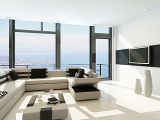 Fototapeta na wymiar Modern white living room interior with splendid seascape view