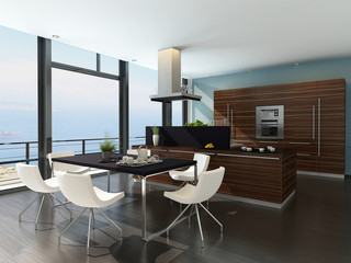 Stylish kitchen interior with cooking island and seascape view